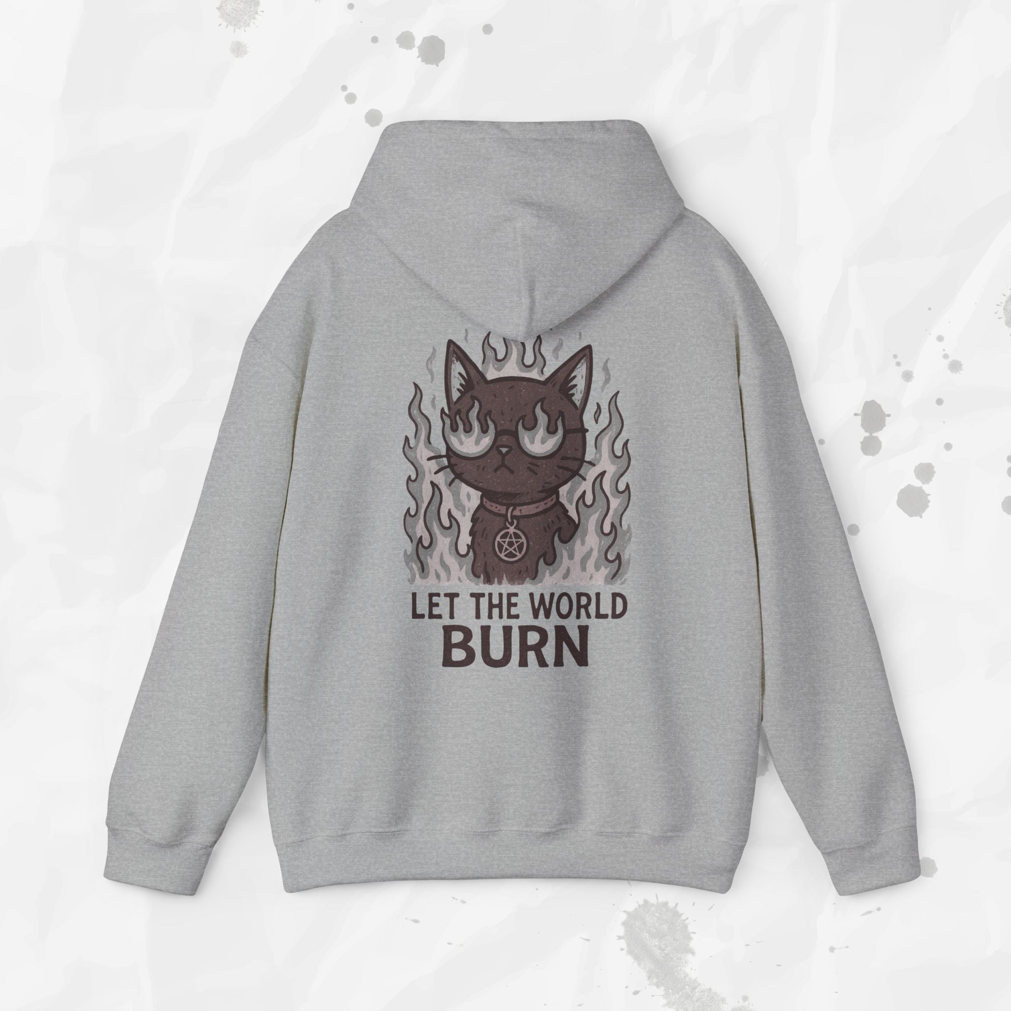 Gray hoodie with a graphic design on the back featuring a cat and text 'Let the World Burn' on a light gray background.