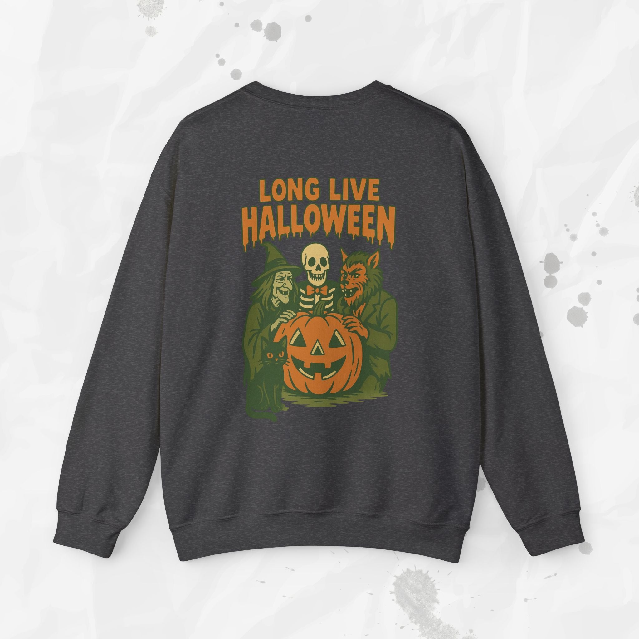Dark gray sweatshirt with Halloween-themed design on a light gray background