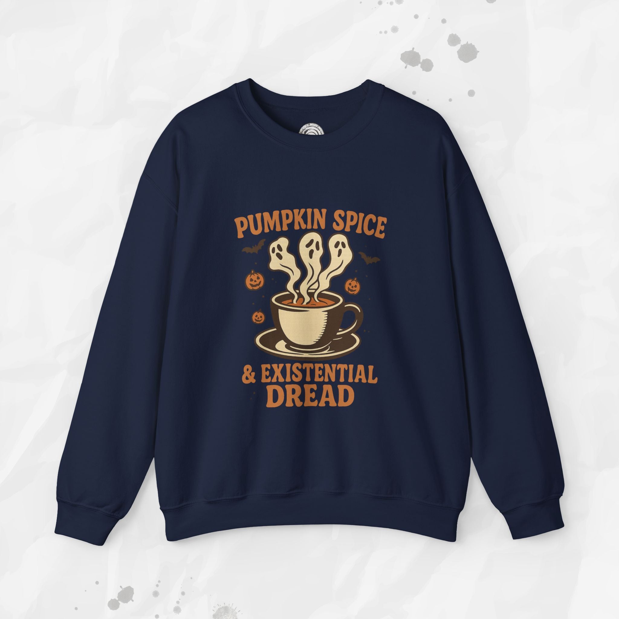 Navy blue sweatshirt with pumpkin spice and existential dread graphic on a light gray background