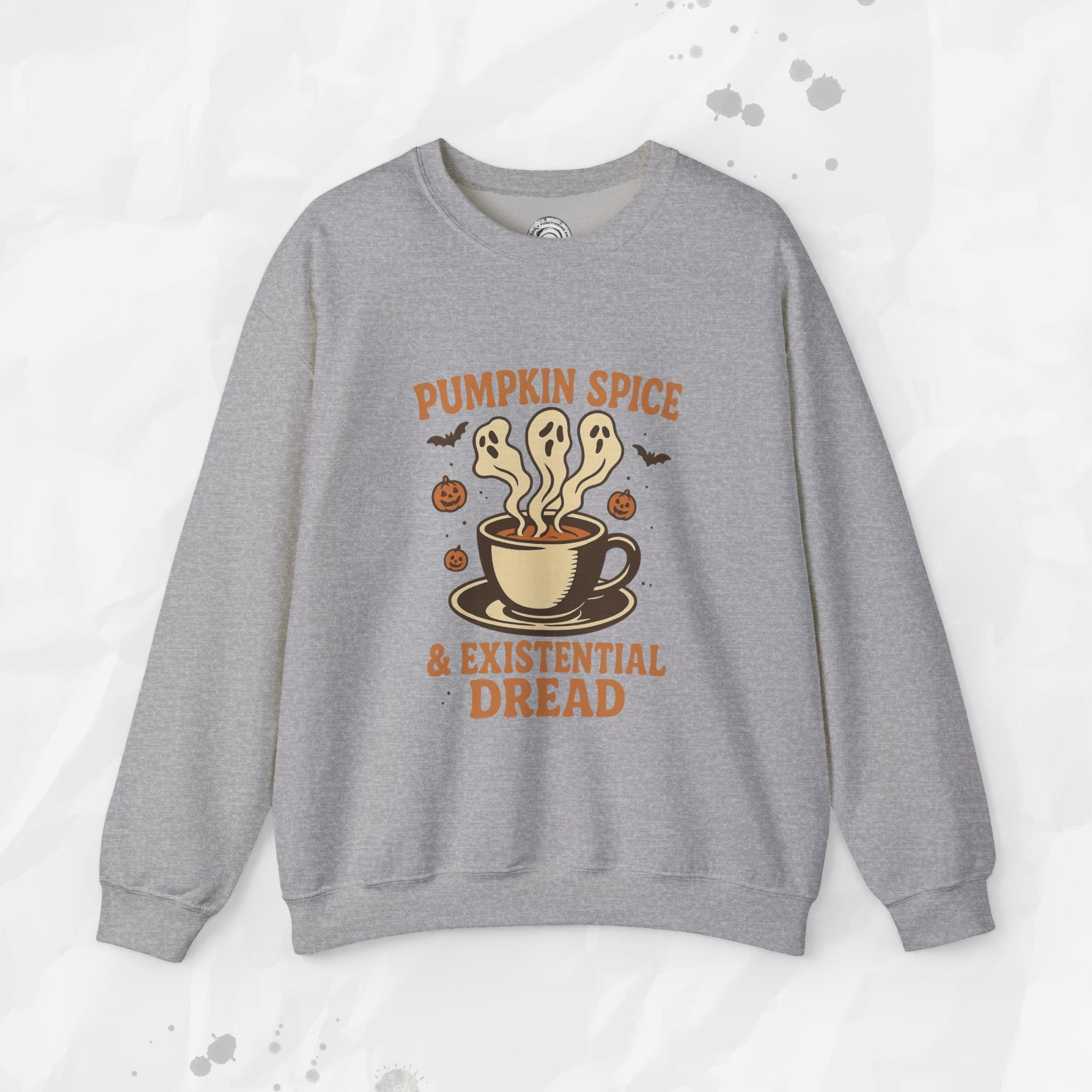 Gray sweatshirt with a graphic design of a coffee cup and ghosts, text 'Pumpkin Spice & Existential Dread' on a light gray background.