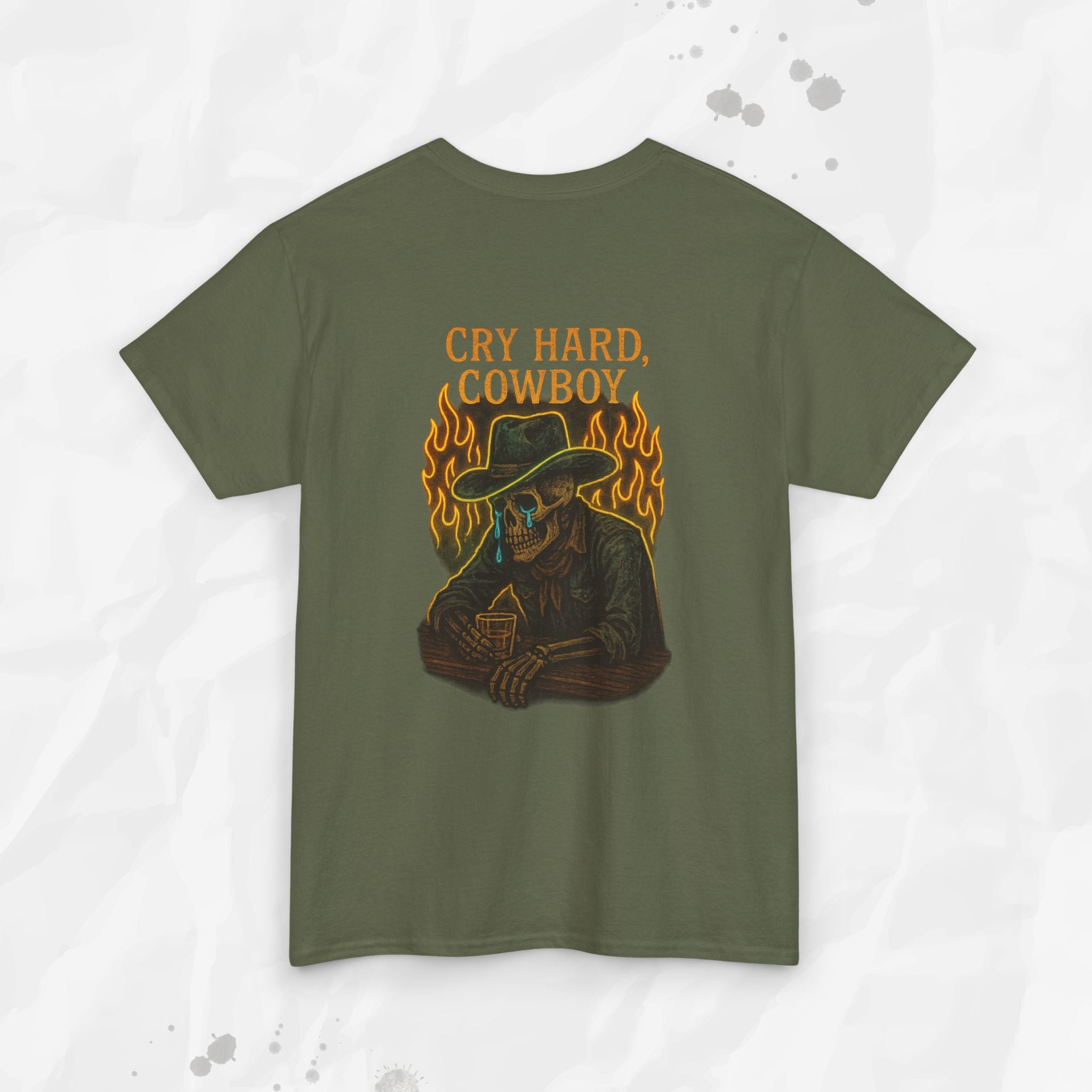 Green t-shirt with a graphic design and text 'Cry Hard, Cowboy' on a white background