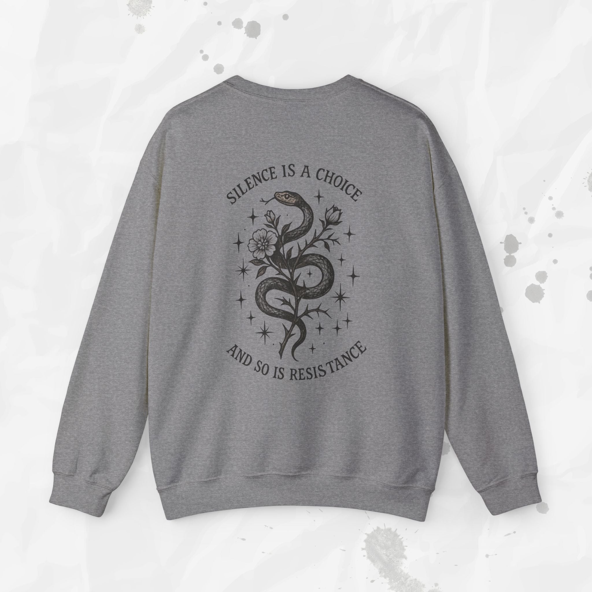 Gray sweatshirt with snake graphic and text on a light gray background
