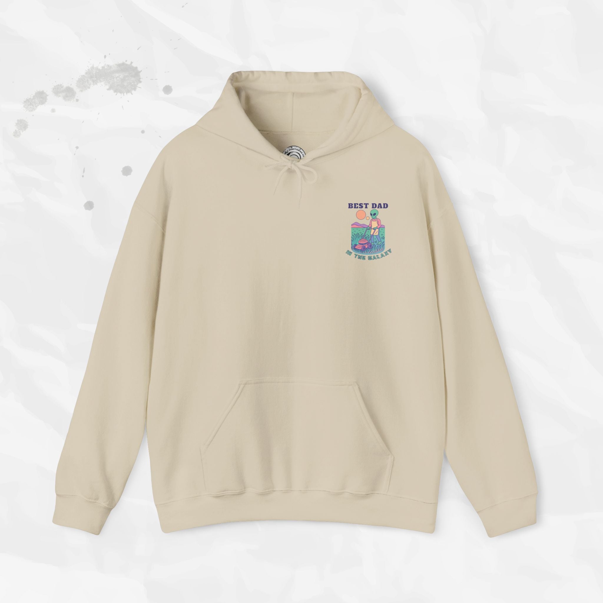 Beige hoodie with a graphic design on a light gray background