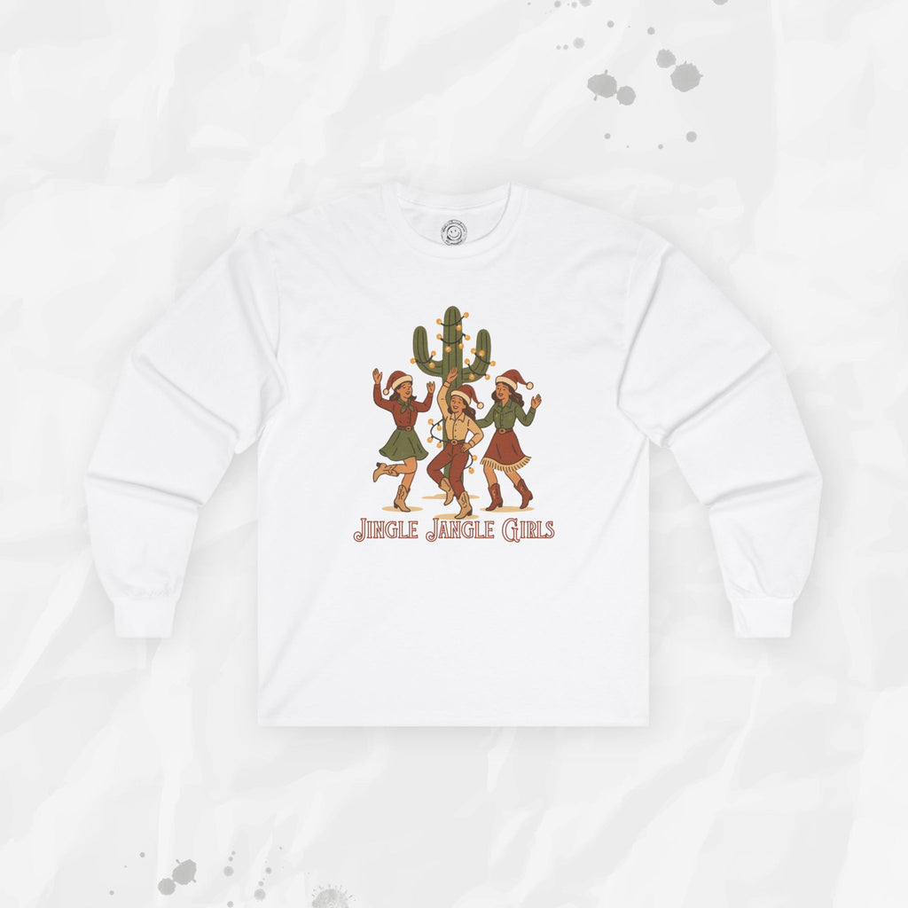 White sweatshirt with 'Jingle Jingle Girls' graphic on a light gray background