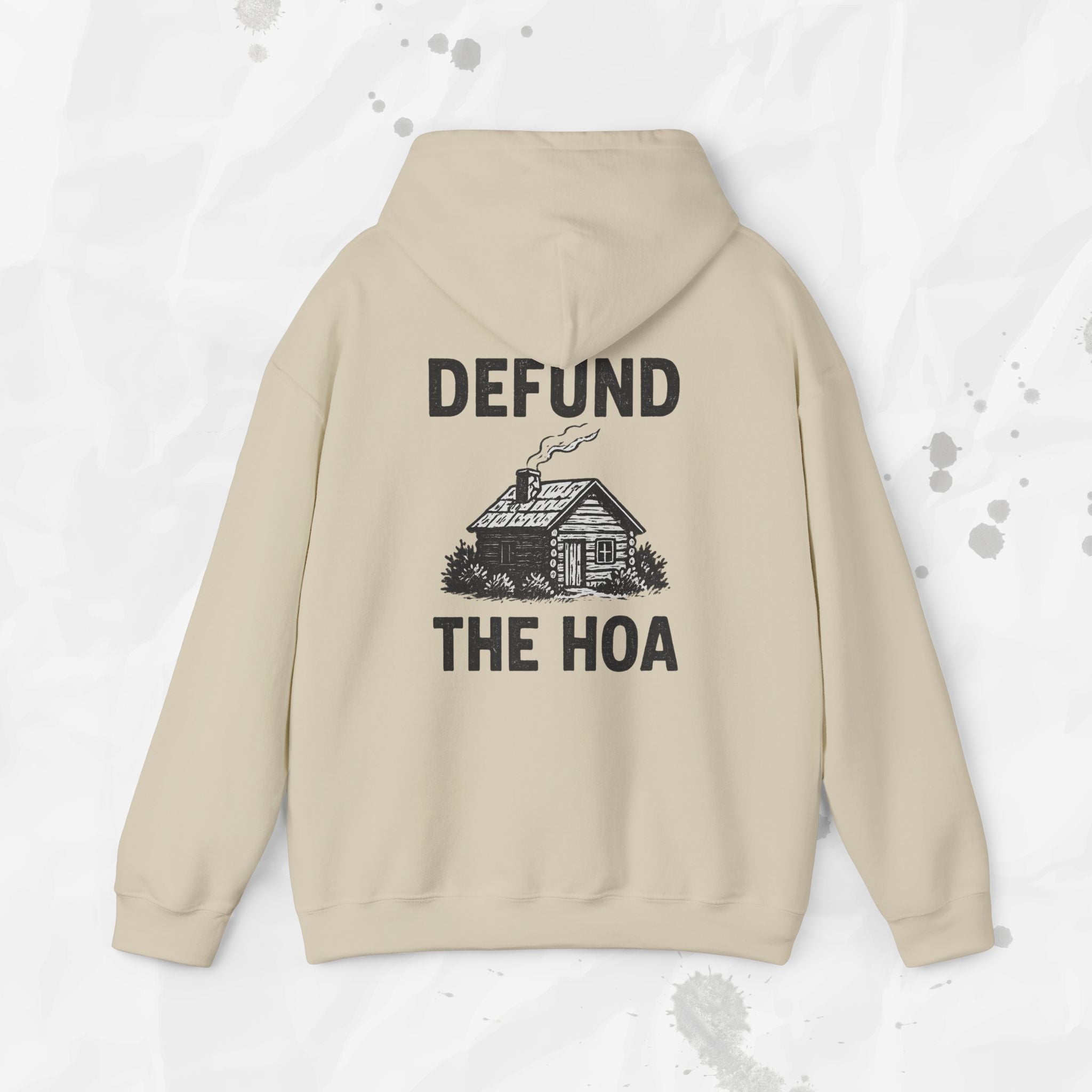 Beige hoodie with 'Defund The HOA' text and graphic on a light gray background
