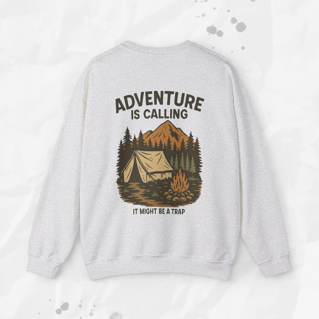 Gray sweatshirt with 'Adventure is Calling' graphic on a light gray background