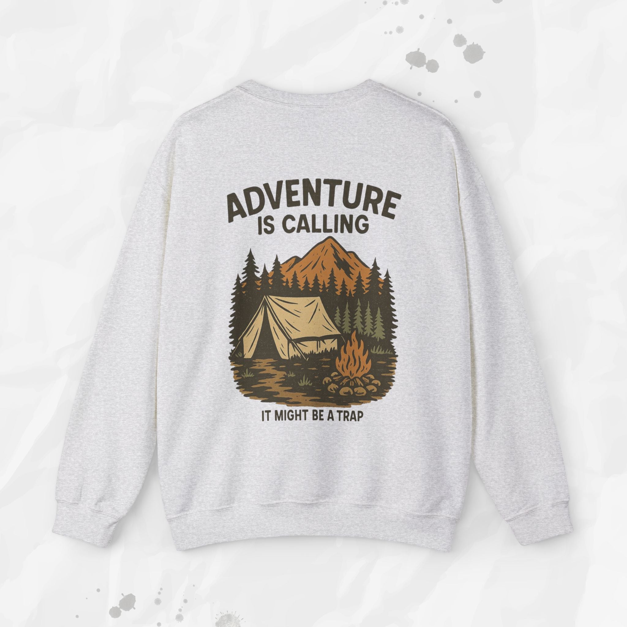 Gray sweatshirt with 'Adventure is Calling' graphic on a light gray background