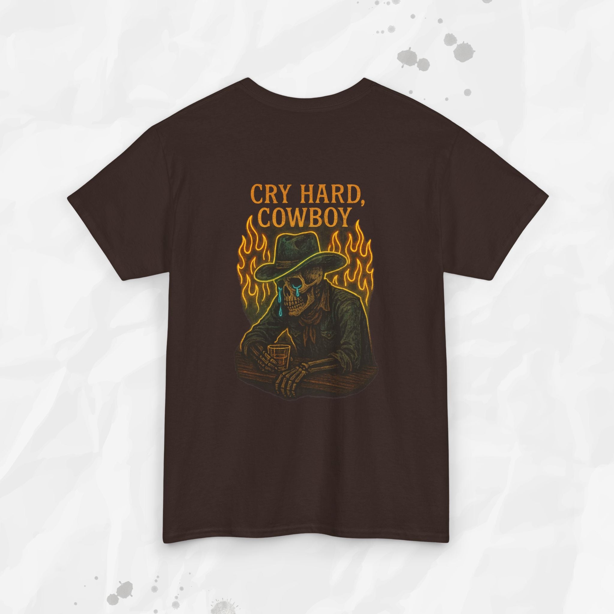 Brown t-shirt with a graphic design and text 'Cry Hard, Cowboy' on a white background