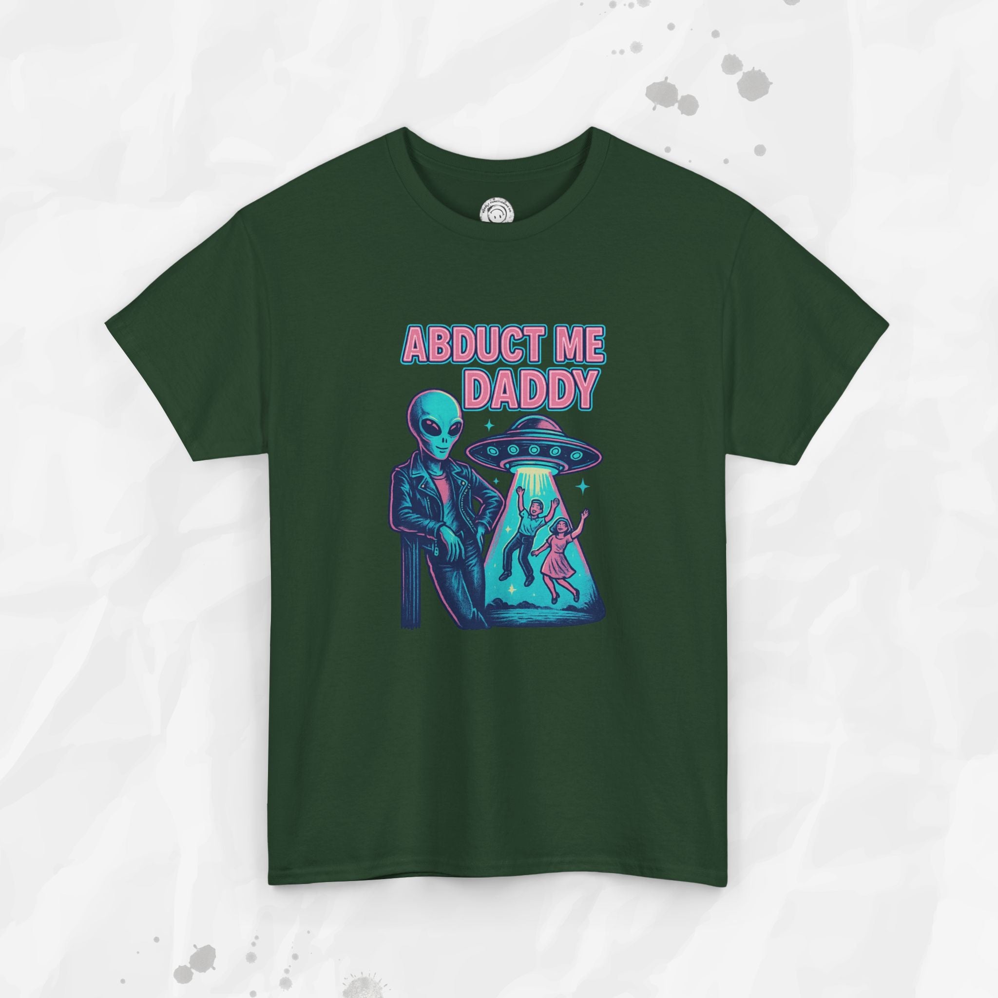 Green t-shirt with alien abduction graphic and 'Abduct Me Daddy' text on a white background