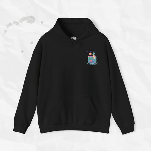 Black hoodie with a small graphic on the chest against a light gray background