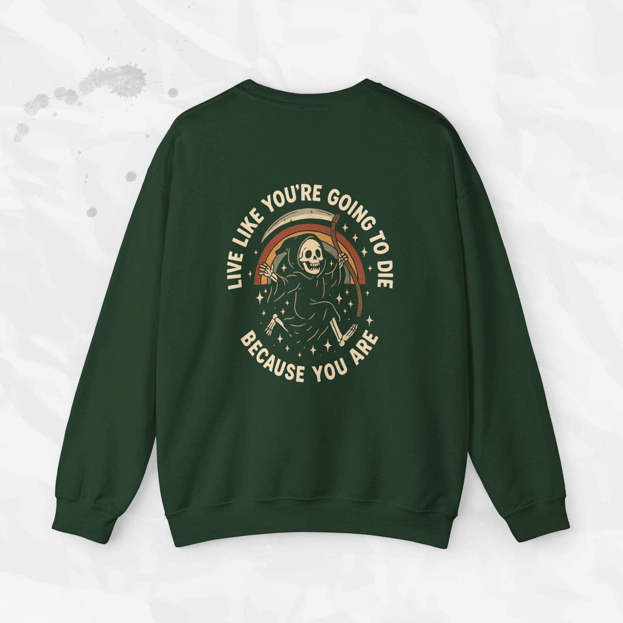 Green sweatshirt with a graphic design and text on the back against a white background