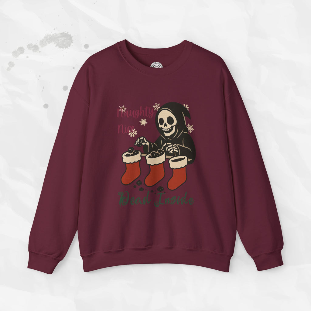 Maroon sweatshirt with a skeleton design and text on a white background