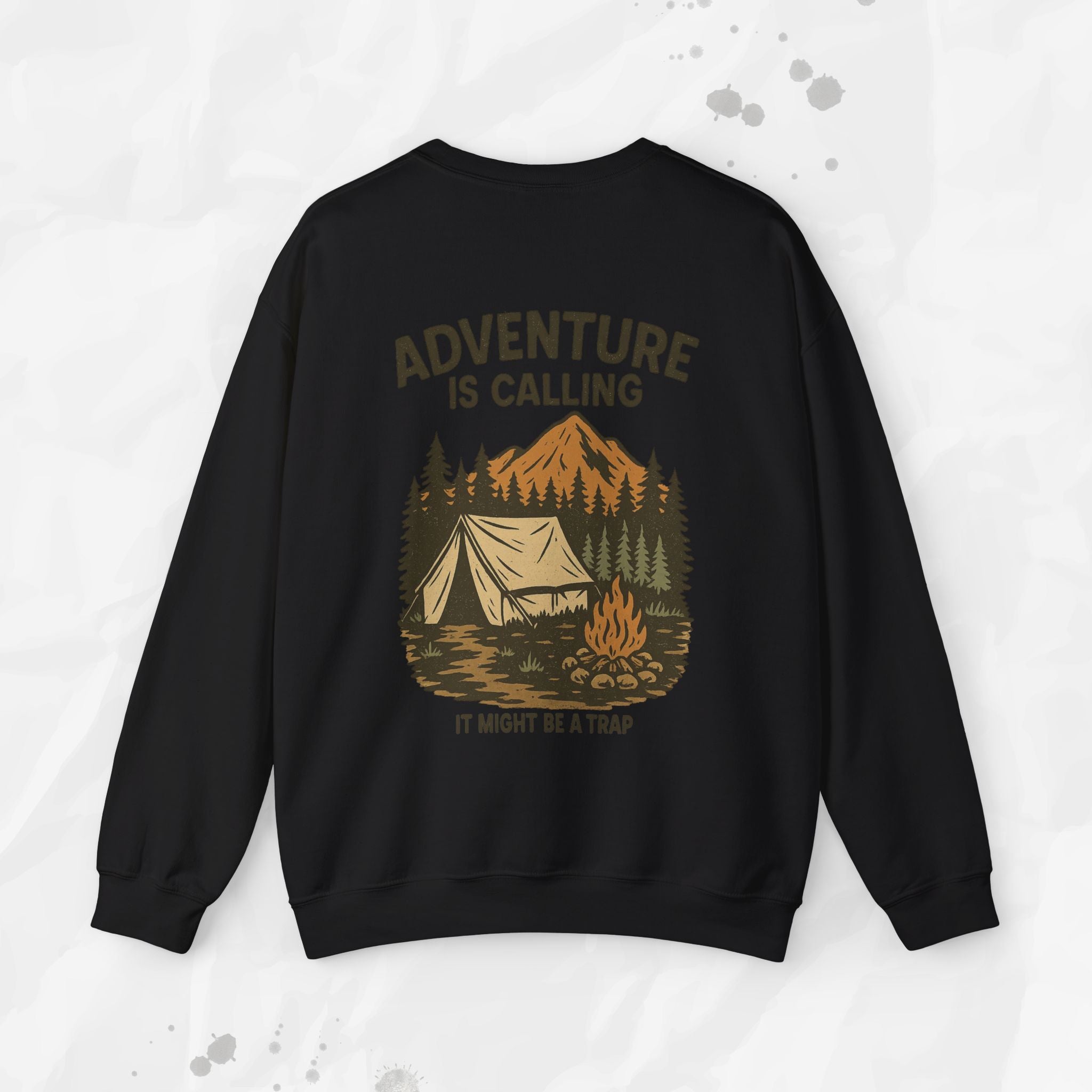 Black sweatshirt with 'Adventure is Calling' graphic on a light gray background