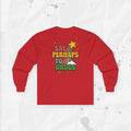 Red long-sleeve shirt with colorful text design on a light gray background