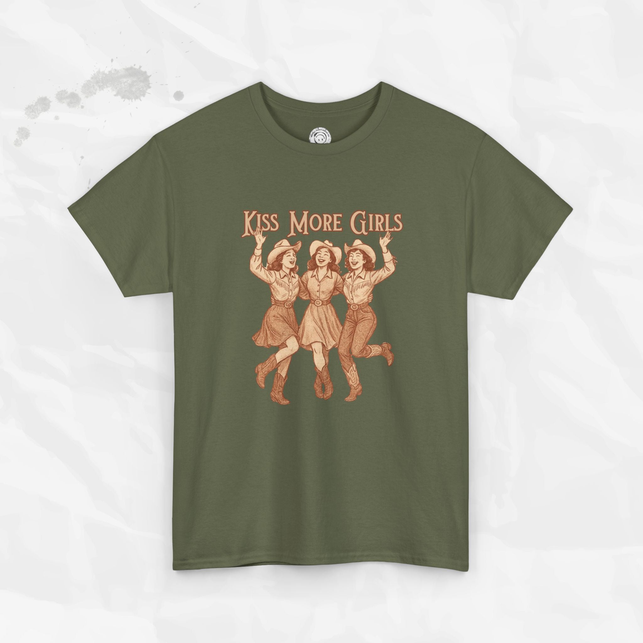 Green t-shirt with 'Kiss More Girls' graphic design on a white background