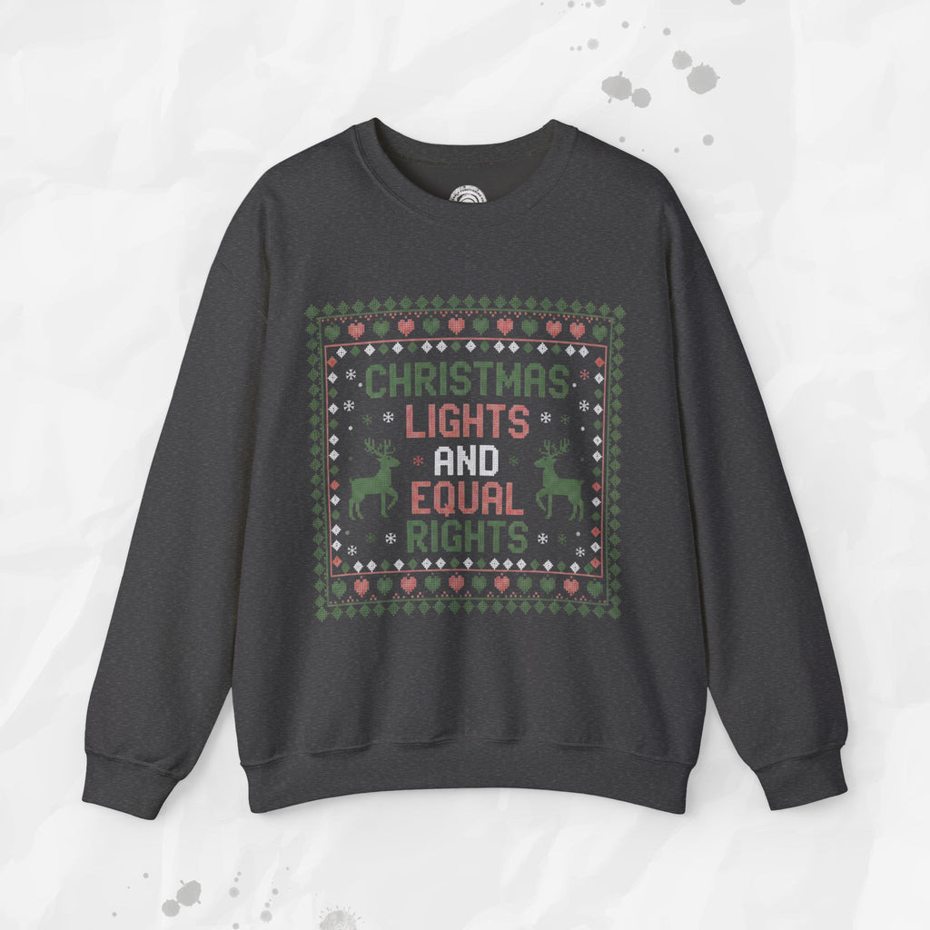 Dark gray sweatshirt with Christmas lights and equal rights design on a light gray background