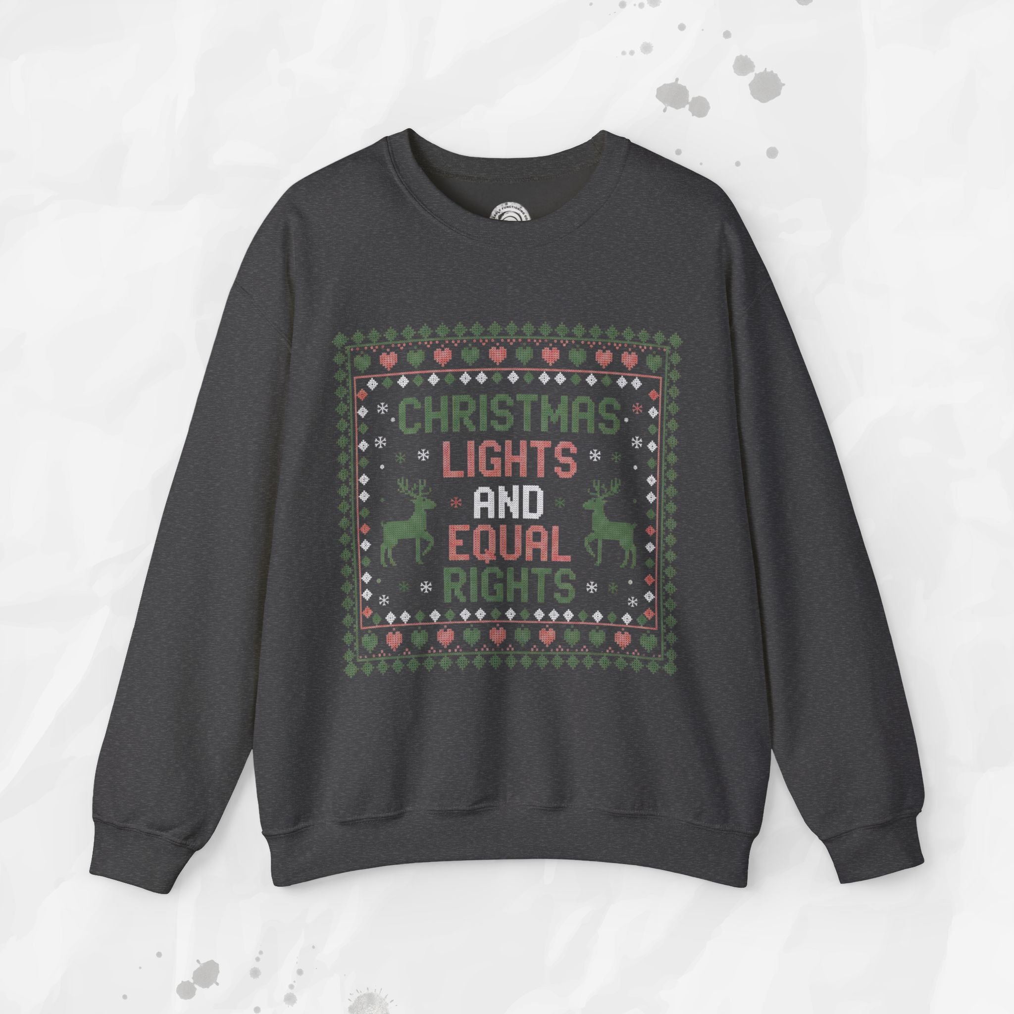 Dark gray sweatshirt with Christmas lights and equal rights design on a light gray background